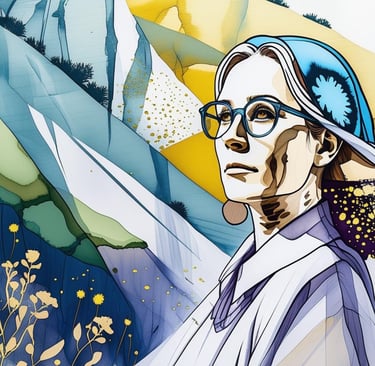 a woman wearing glass in a stylised hillside