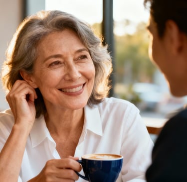 Mulher madura em café, vivendo com plenitude e confiança na saúde auditiva na All Sounds