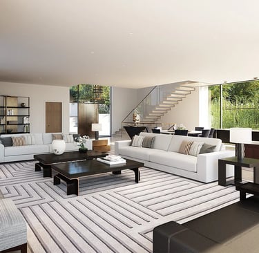 a living room with a couch and a staircase Nour Nagy Designs London interior Design