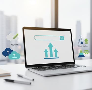 Modern digital workspace showing a laptop with a search bar and magnifying glass, upward arrows, and