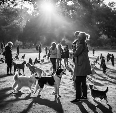 A woman in a park, playing with dogs, surrounded by people and pets in a pet-friendly community