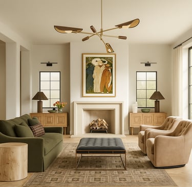 a living room with a couch and a fireplace