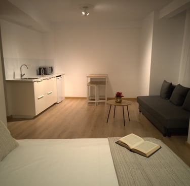 Habitación doble en Hotel Arias, Vigo, con salón, sofa, mesa y encimera, con un libro sobre la cama