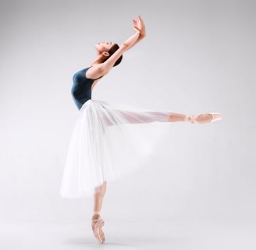 a woman in a black leoman dress and ballet shoes