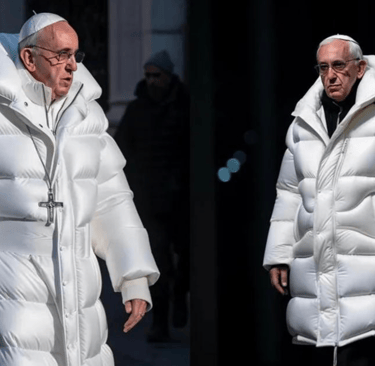 AI-изображение Папы Римского в белом пуховике Balenciaga, созданное в Midjourney.