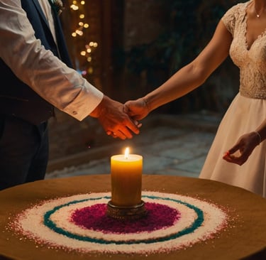 Couple réalisant un rituel symbolique entouré de leurs proches durant leur mariage