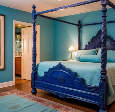 a bed with a blue bedding and a poster on the wall