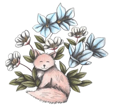 Hand-drawn illustration of a fox surrounded by white and blue flowers