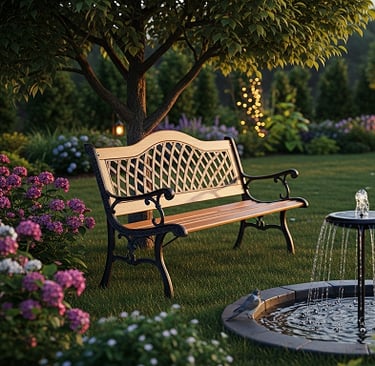 Banco de jardim com fonte e pássaros em cenário ao ar livre iluminado.