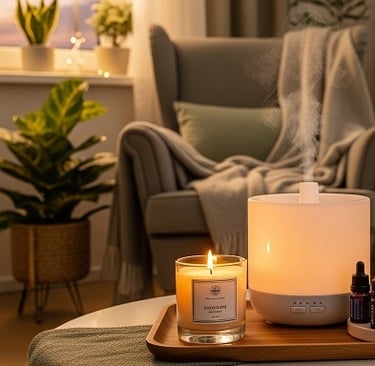Difusor, vela e óleos essenciais sobre mesa em sala aconchegante.