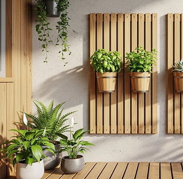 Jardim vertical de madeira com cachepots e plantas aromáticas em varanda iluminada