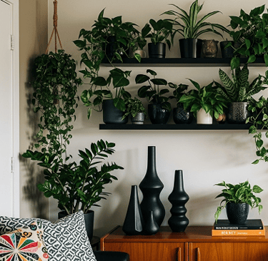 Sala boho com plantas, vasos pretos, enfeites africanos e decoração vibrante.