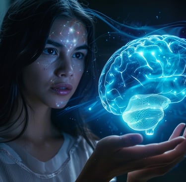 Woman holding glowing holographic brain visualization for meditation and spiritual mental energy