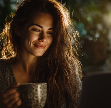 Mujer profesional trabajando relajada y sonriendo frente a su portátil en una oficina en casa