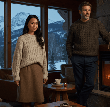 a man and woman standing in front of a fireplace