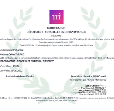 Diplome certification professionelle de Céline Yvrard en design d'espace