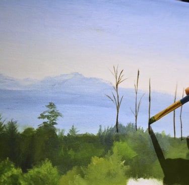 painting branches of trees against mountains