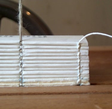 Quires being sawn together.