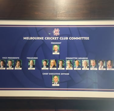 Framed display of the Melbourne Cricket Club Committee, featuring photos and names of the President and other officers.