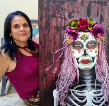 a woman in a red dress and a skeleton with a flower headdress