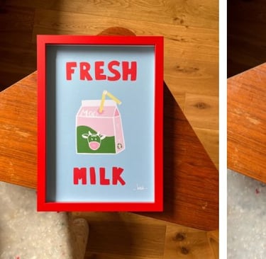 Cadre ikea rouge avec passe partout et affiches Beeb Fresh Milk et Easy Peasy