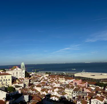 Vista do alto da cidade, vários telhados das casas e o Rio Tejo ao fundo