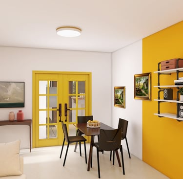 Diseño de comedor moderno con paredes de acento amarillo y estantería industrial de autor.