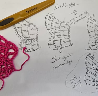 pink crochet item and crochet hook on a paper with crochet charts