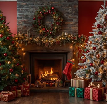 Lush Fraser and flocked Christmas trees glowing with red, gold, and green ornaments.