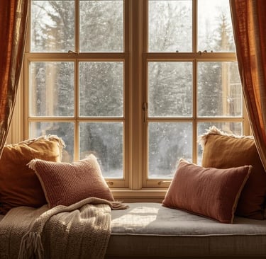 a window seat with pillows and heavy curtains