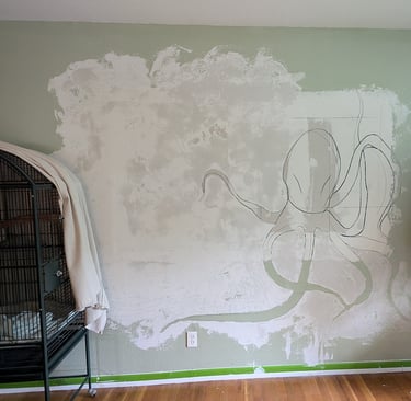 First pass of EasySand 90 Joint Compound surface texturing for a interior bedroom 3D relief mural.