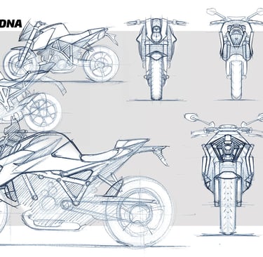 Early concept sketch explorations from the motorcycle design process by Koorosh Shojaei