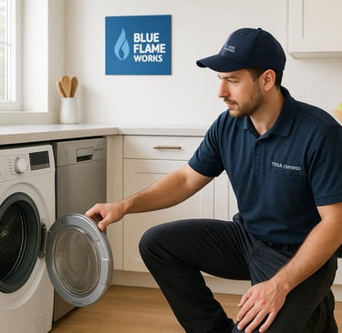 TSSA-certified Blue Flame Works technician inspecting a Blomberg front-load washer in Ottawa