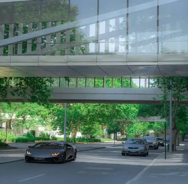 City street with modern skywalk, green trees, and cars