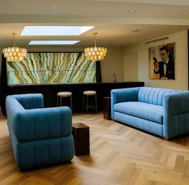 Blue tufted sofas in a stylish lounge with skylight, onyx bar, pendant lights, and James Bond art.