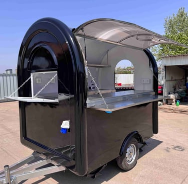 Foodtruck demi-rond TF-DM Classic couleur RAL noir foncé, finition lisse, coque en fibre de verre et châssis galvanisé, certi
