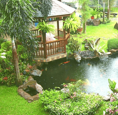 a garden with a gazeboar and a gazeboar