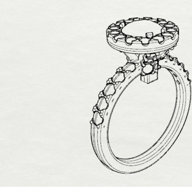 dibujo sketch de anillo de compromiso con halo y diamantes laterales