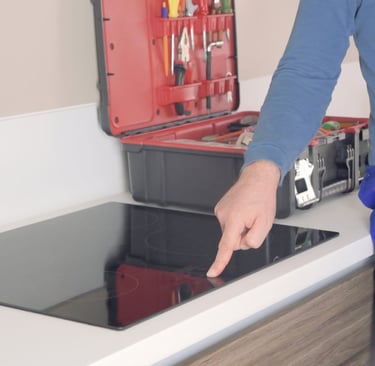a person in a blue overall suit and a tool kit