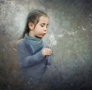 painting of a young girl blowing a dandelion