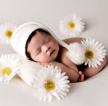 Recién nacido dormido con girasoles