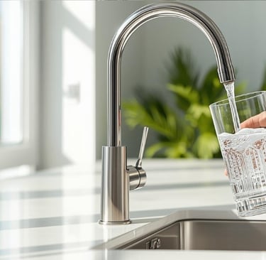 A sleek RKIN reverse osmosis water filter system on a modern kitchen counter pouring clean, non-toxi