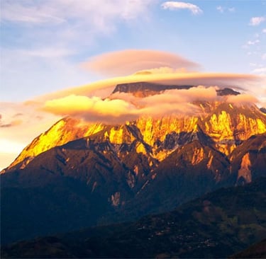 Mount Kinabalu bathed in the golden light of the sun
