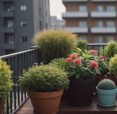 Petit balcon urbain décoré avec de nombreuses plantes en pots, , idéal pour un jardin de balcon