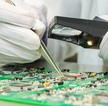 An engineer wearing gloves and examining a circuit board of medical equipment