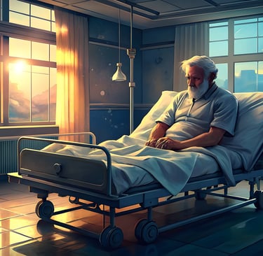 Homem em uma cama de hospital, simbolizando reabilitação e recuperação.