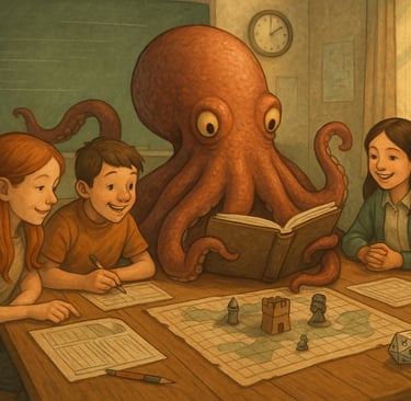 a group of people sitting around a table with a octopus