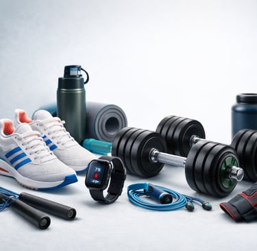 Fitness and sports equipment including dumbbells, workout accessories and athletic gear