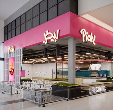 Exterior 3D Rendering of Pickl fast-food branch with pink branding. Created by VISUALISE 3D Rendering Services.