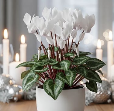 Ciclamen de flores blancas en un centro de mesa navideño con decoración plateada.